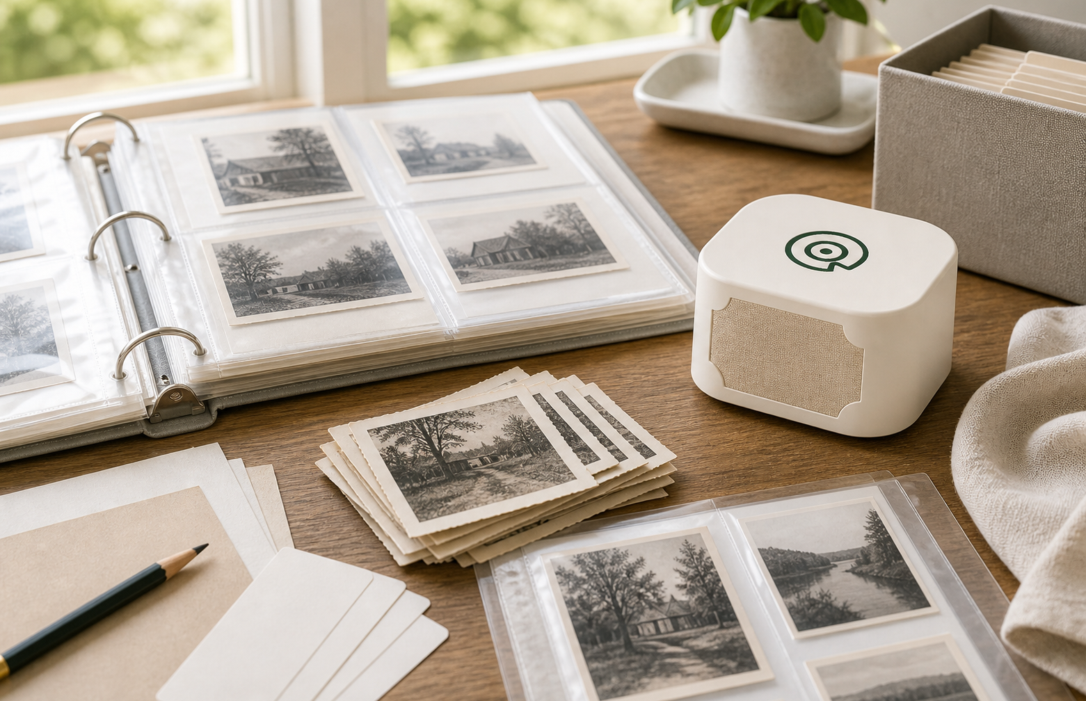 Story Dock beside photo sleeves, printed photos, backing cards, and archive materials