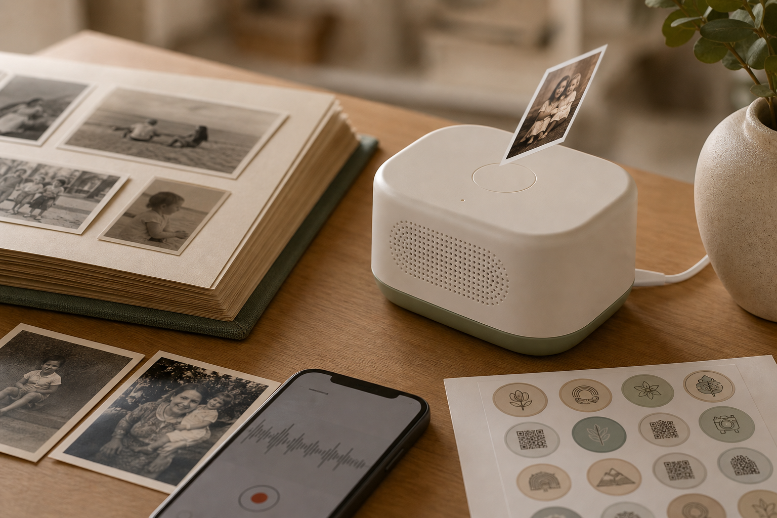 Story Dock concept with a photo album and memory stickers